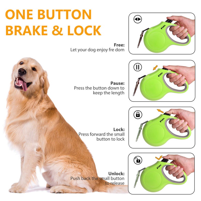 Fida Retractable Dog Leash for Medium Breed up to 44 lbs, 16 ft Pet Walking Leash with Dispenser and Poop Bags, Anti-Slip Handle, Reflective Strong Nylon Tape, One-Handed Brake (M, Green) - Image 4